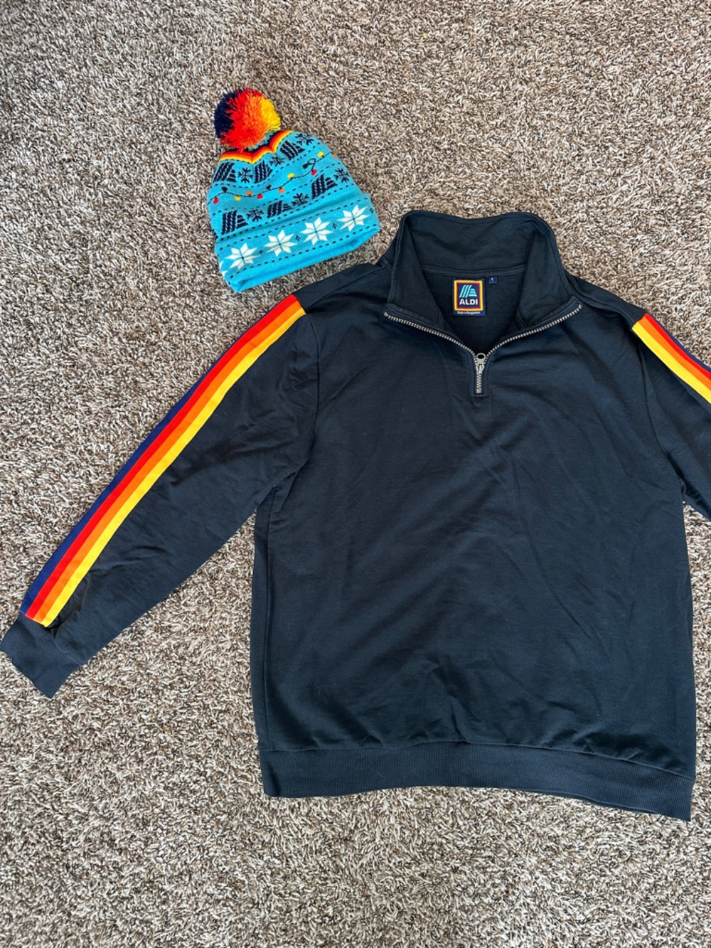 ALDI Navy Quarter-Zip Pullover with Rainbow Sleeve Stripes and Beanie